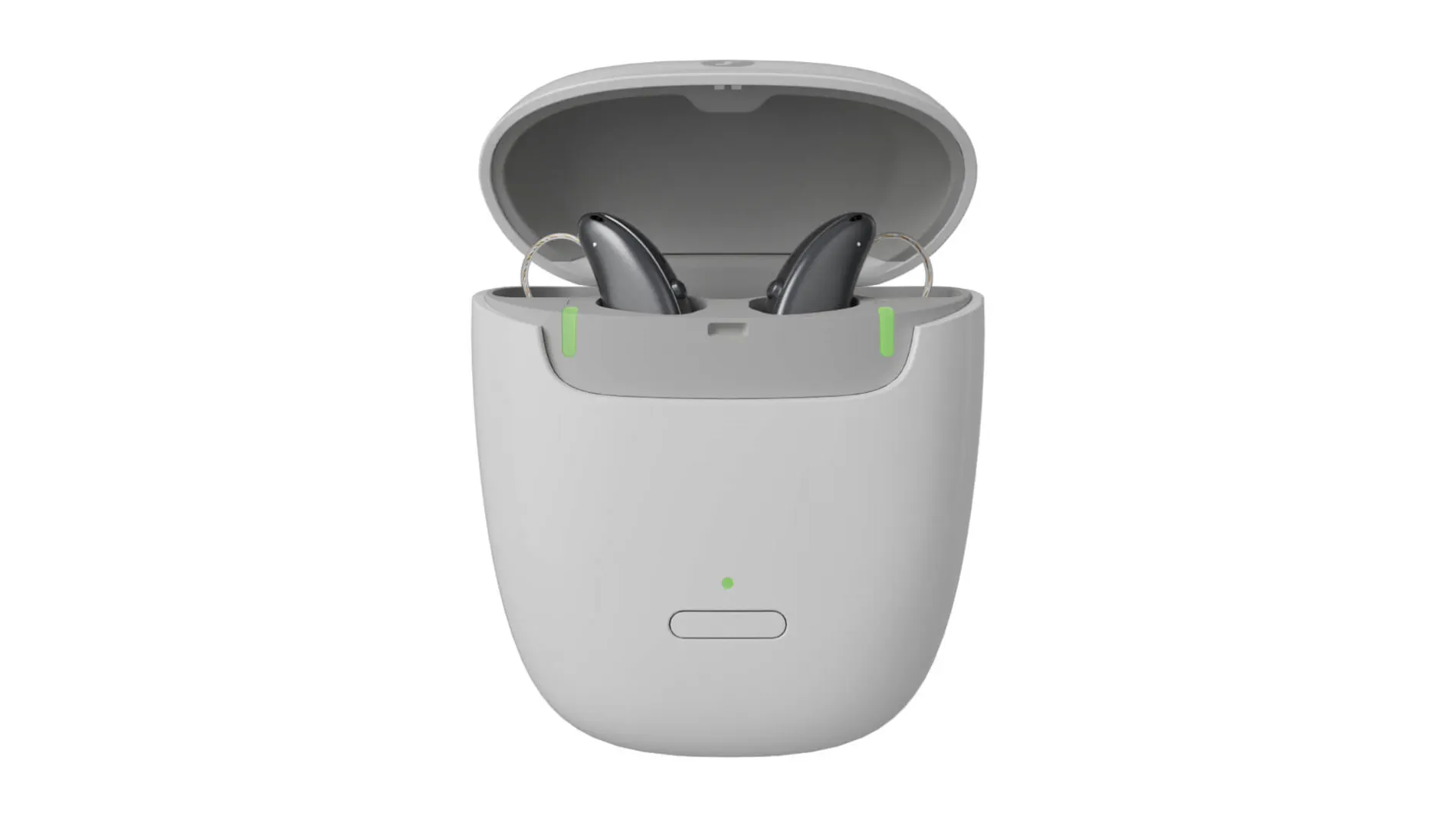 Signia Pure portable charger holding two Pure Charge&Go hearing aids