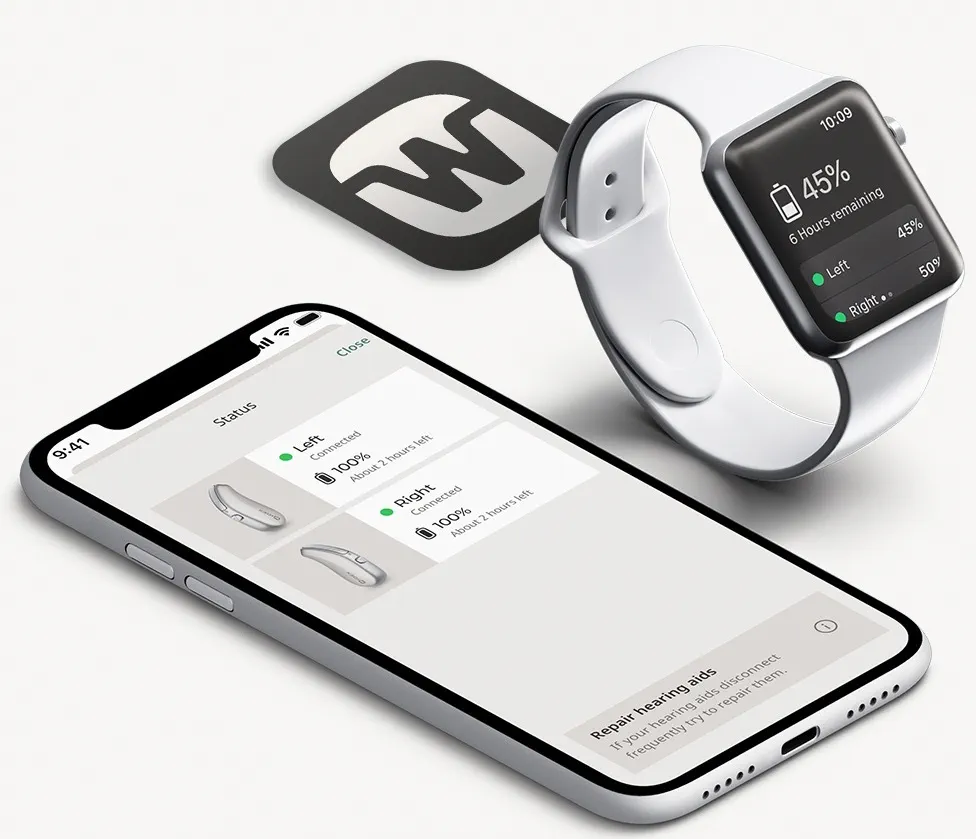 Widex Allure app shown on a phone and smartwatch