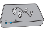 A drawing of a pair of hearing aids connected to a device.